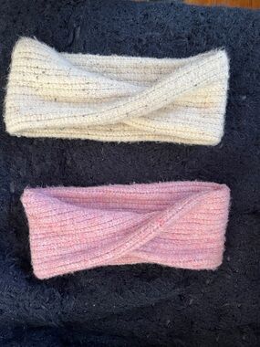 2 Cozy Knit Twist Headbands - Cream & Pink